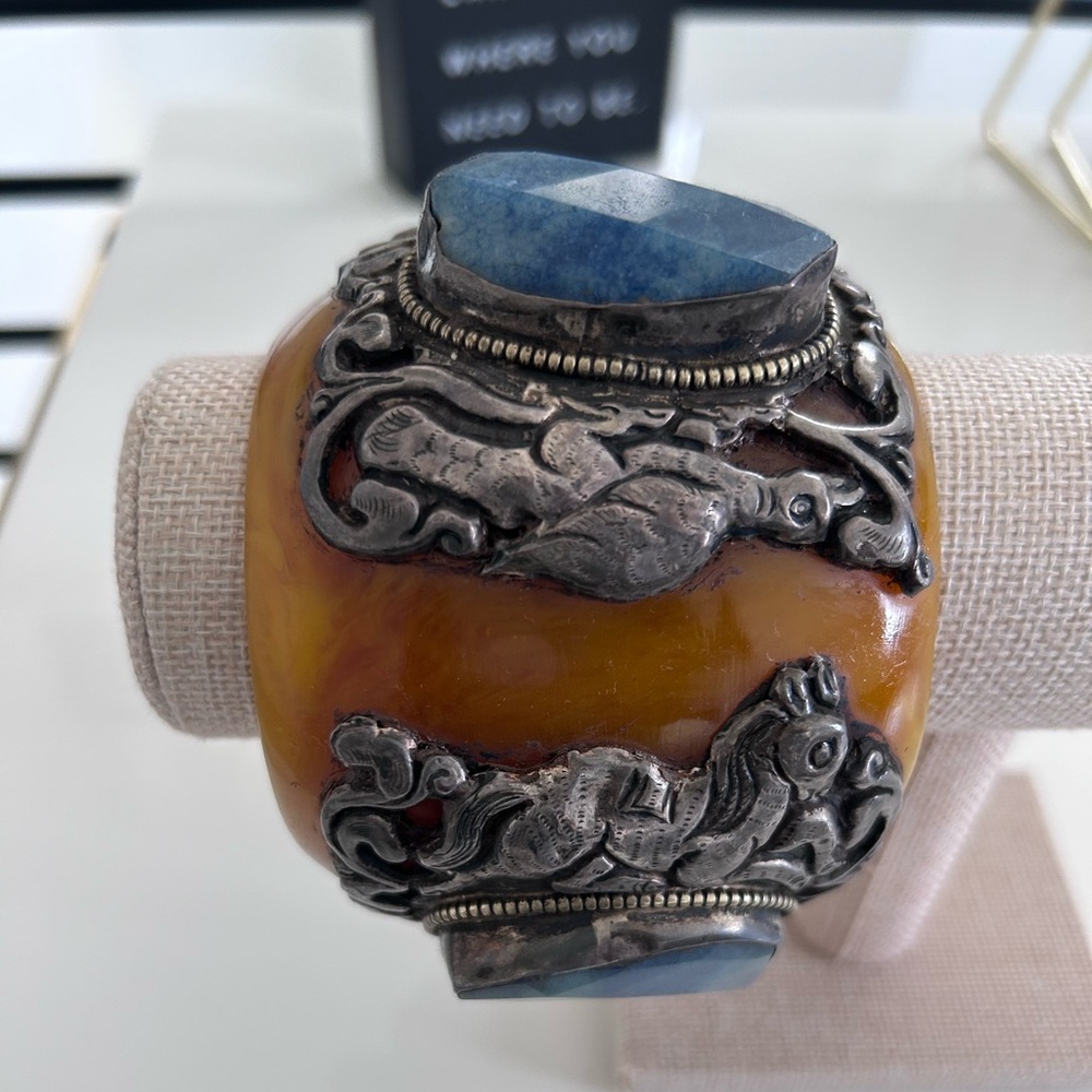 Amber Resin Cuff Bracelet with Blue Stone Accents